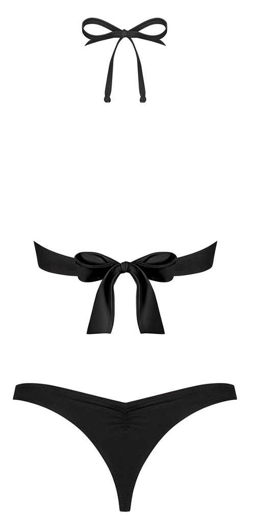 Czarny dwuczęściowy kostium kąpielowy typu stringi z minimalistycznym materiałem