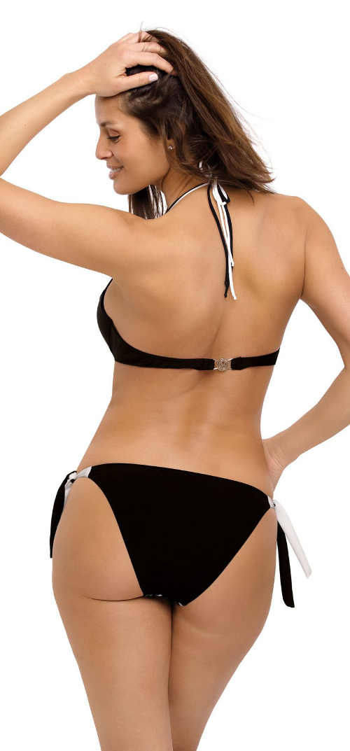 Czarny dwuczęściowy kostium kąpielowy z paskami na szyi i wiązaniem po bokach