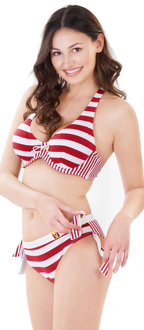 Nowoczesne trójkątne bikini w czerwone i białe paski