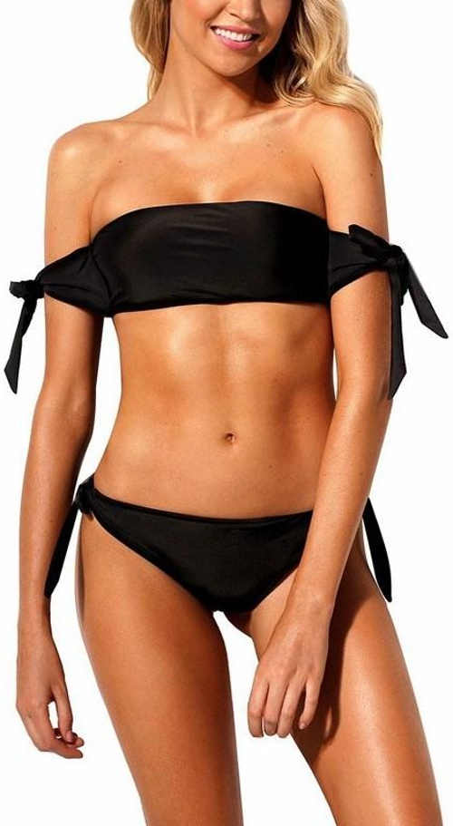 Czarny dwuczęściowy kostium kąpielowy damski z opuszczanymi ramionami