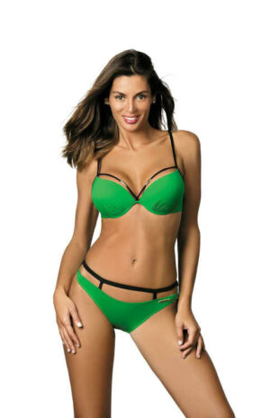 Damskie zielone seksowne bikini z czarnymi paskami.