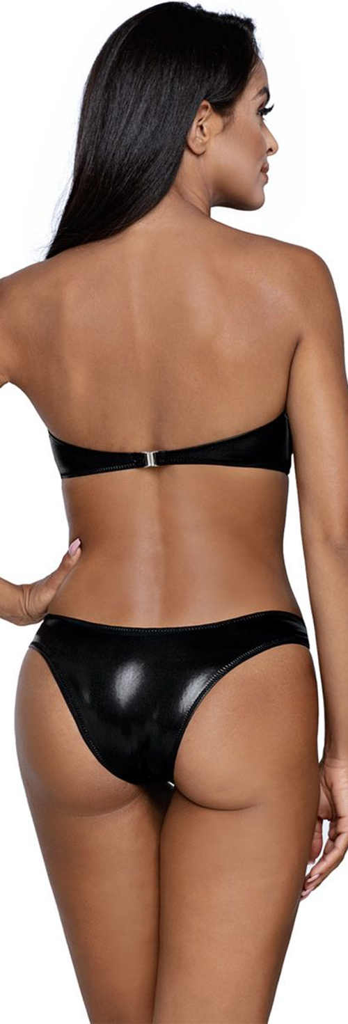 Seksowny czarny błyszczący dwuczęściowy kostium kąpielowy bez ramiączek